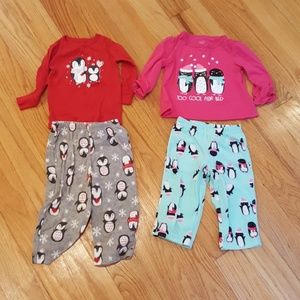 (2) Girl's 12 Month 2 Piece Fleece Penguin PJ's